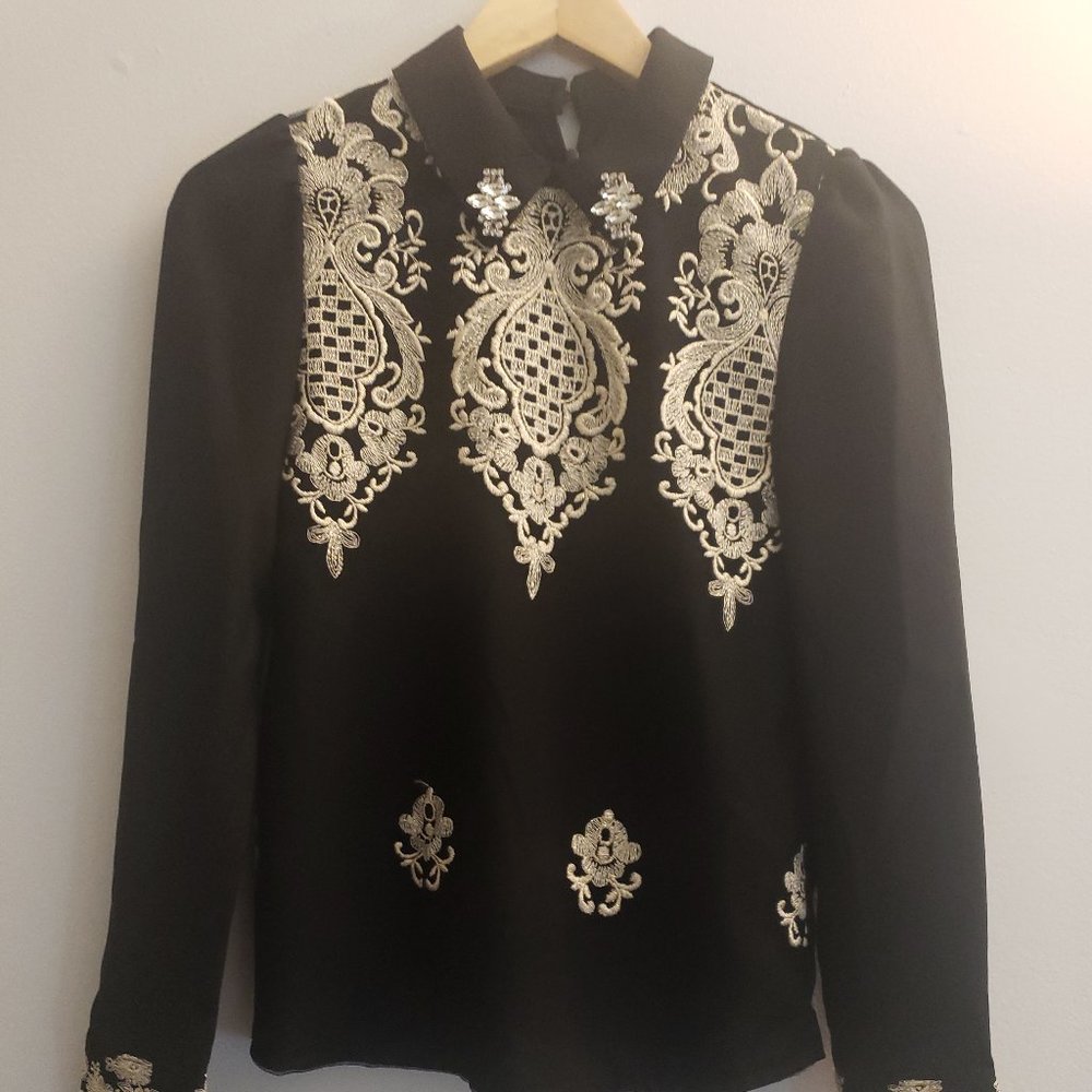 Elegant Embroidered Black and Gold Blouse